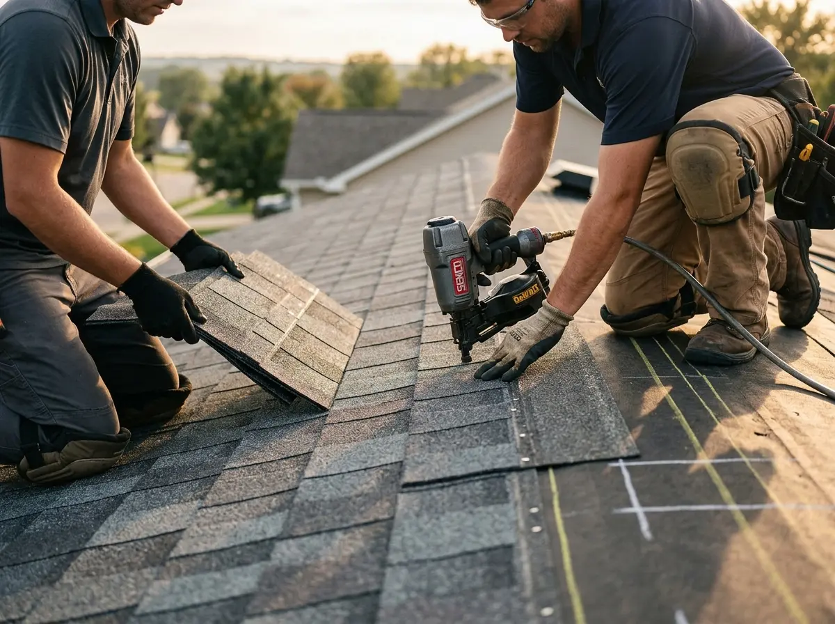 Professional roofer working on a residential roof in Myrtle Grove